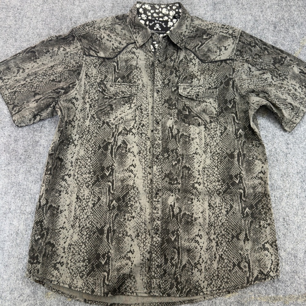 Rock Roll-n-Soul Snakeskin Print Skull Lining Western Snap Shirt Grey Size 2XL